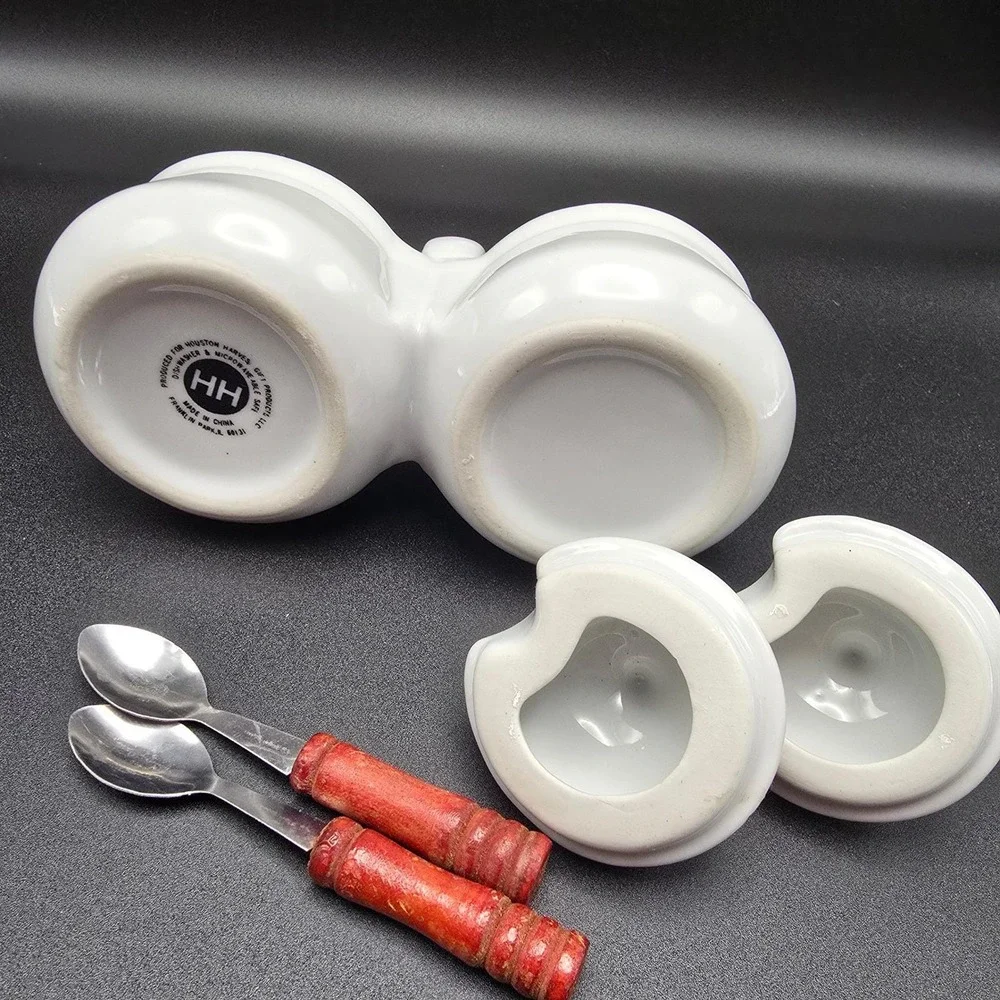 Houston Harvest HH Double Ceramic Condiment Server‎ Dish with Spoons White